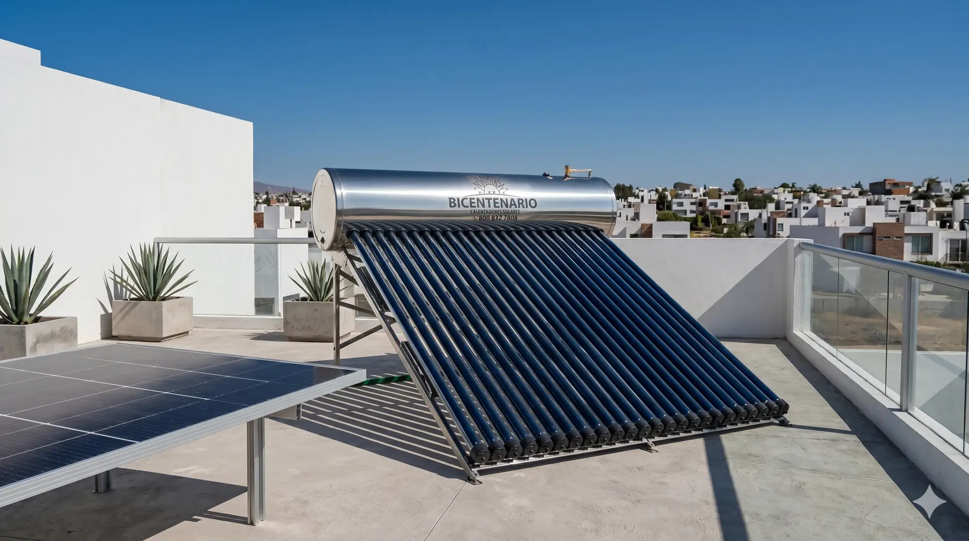 Calentador solar Bicentenario de tubos evacuados instalado en la azotea de una casa